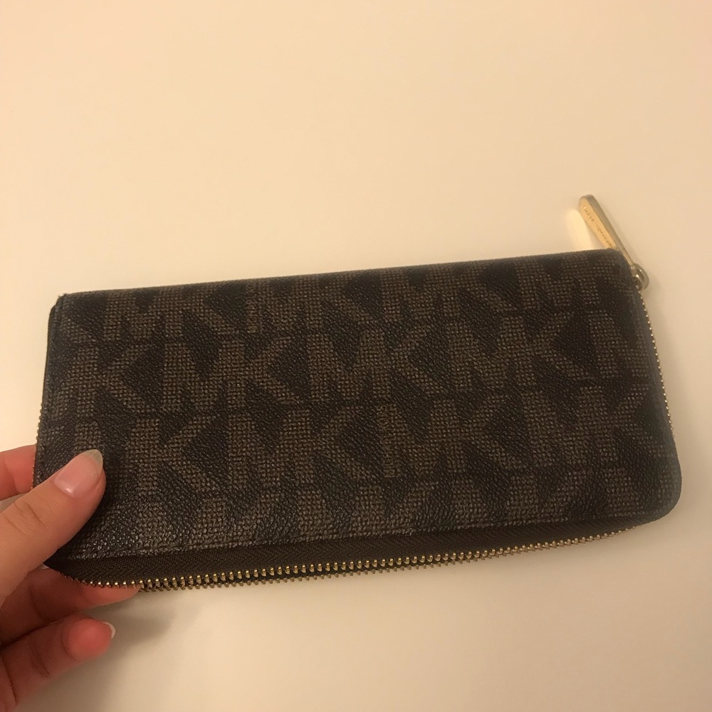 Michael Kors Black Logo Zip-Around Wallet with Gold Plaque